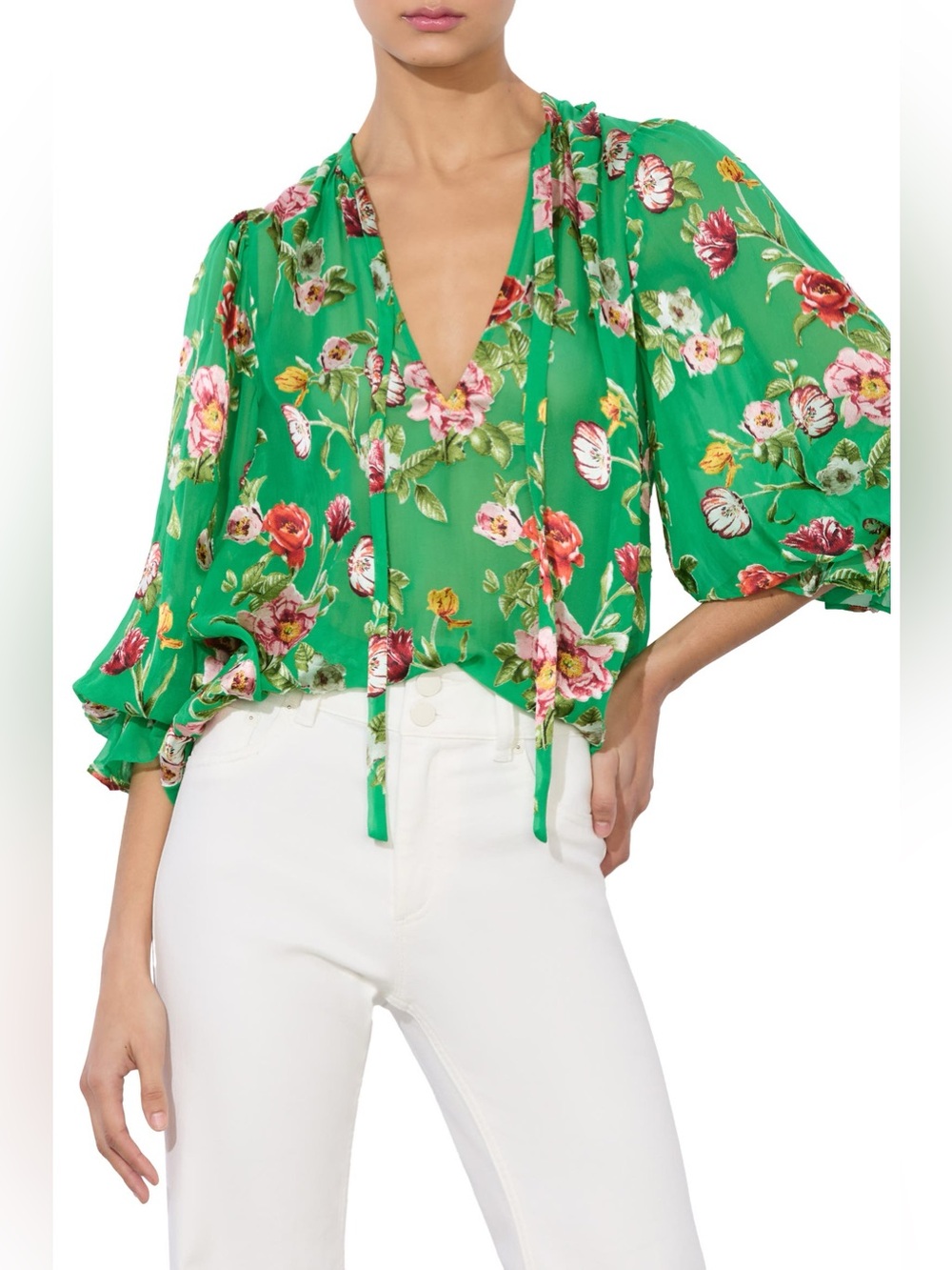 New! Alice + Olivia Moranne Floral Print Tie Neck Top Size Small 57159